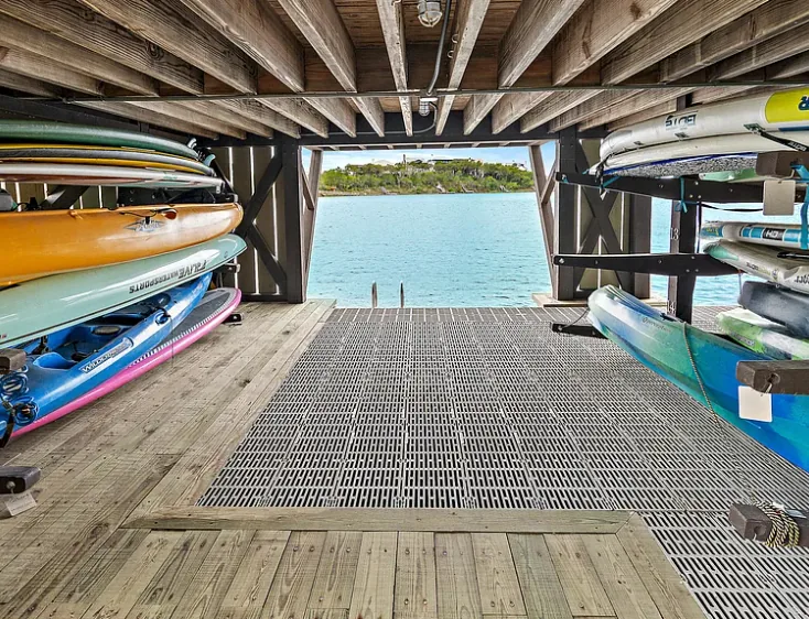 Inside a community boathouse